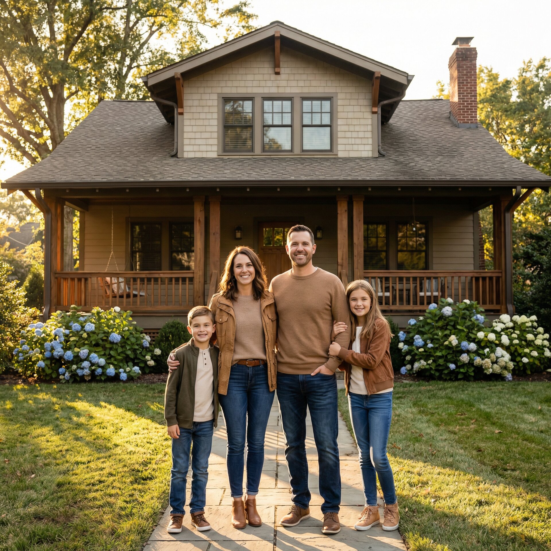 Family in front of their new home